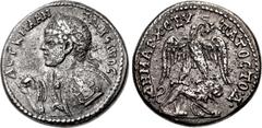 Roman Provincial CYRRHESTICA, Hierapolis. Caracalla. AD 198-217. AR Tetradrachm (2526mm, 13.12 g, 12h). Struck AD 215-217. AVT K M A AN-TΩNЄINOC, laureate and cuirassed bust left, with gorgoneion on b