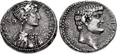 Roman Provincial SELEUCIS and PIERIA, Antioch. Mark Antony & Cleopatra. Circa 36-34 BC. AR Tetradrachm (26mm, 15.03 g, 12h). BACIΛICCA K[ΛЄOΠA]TPA ΘЄA NЄωTЄPA, diademed bust of Cleopatra right, wearin