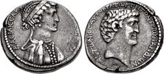 Roman Provincial SELEUCIS and PIERIA, Antioch. Mark Antony & Cleopatra. Circa 36-34 BC. AR Tetradrachm (26mm, 14.90 g, 12h). BACIΛICCA K[ΛЄOΠATPA ΘЄA N]ЄωT[Є]PA, diademed bust of Cleopatra right, wear