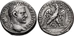 Roman Provincial JUDAEA, Gaza. Macrinus. AD 217-218. AR Tetradrachm (25mm, 14.16 g, 12h). AV K M ΟΠ CЄ MAKPINOC CЄ, laureate head right / ΔHMAPX Є-Ξ VΠATOC T A, eagle standing facing, head left, with 