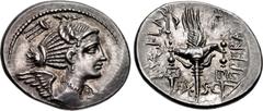 Roman Republican C. Valerius Flaccus. 82 BC. AR Denarius (21mm, 3.71 g, 4h). Massalia mint. Winged and draped bust of Victory right; tripod to upper left / Aquila between two signa inscribed H (hastat