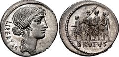 Roman Republican Q. Servilius Caepio (M. Junius) Brutus. 54 BC. AR Denarius (19mm, 3.86 g, 3h). Rome mint. Head of Libertas right, wearing cruciform earring and pendant necklace; LIBERTAS downward to 
