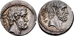 Roman Republican Q. Servilius Caepio (M. Junius) Brutus. 54 BC. AR Denarius (17mm, 4.37 g, 6h). Rome mint. Bare head of L. Junius Brutus right; BRVTV[S] downward to left / Bare head of C. Servilius Ah