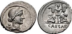 Roman Republican The Caesarians. Julius Caesar. Late 46-early 45 BC. AR Denarius (21mm, 3.36 g, 3h). Military mint traveling with Caesar in Spain. Diademed head of Venus right, wearing triple-drop ear