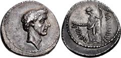 Roman Republican The Caesarians. Julius Caesar. 41 BC. AR Denarius (19mm, 3.77 g, 8h). Rome mint; L. Flaminius Chilo, moneyer. Wreathed head of Caesar right / Goddess (Pax or Venus?) standing left, ho
