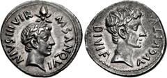 Roman Imperial Augustus, with Divus Julius Caesar. 27 BC-AD 14. AR Denarius (19mm, 3.24 g, 9h). Rome mint; M. Sanquinius, moneyer. Struck 17 BC. AVGVSTVS DIVI • F counterclockwise from lower right, ba