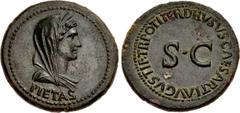 Roman Imperial Drusus Caesar. AD 19-23. Æ Dupondius (31mm, 14.18 g, 6h). Rome mint. Struck under Tiberius, AD 22-23. PIETAS, veiled, diademed, and draped bust of Livilla (as Pietas) right / DRVSVS CAE