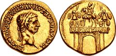 Roman Imperial Claudius. AD 41-54. AV Aureus (19mm, 7.77 g, 5h). Rome mint. Struck AD 46-47. TI CLAVD CAESAR • AVG • P • M • TR • P • VI • IMP XI, laureate head right / DE BRITANN on architrave, trium