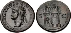 Roman Imperial Nero. AD 54-68. Æ Sestertius (36mm, 24.84 g, 7h). Lugdunum (Lyon) mint. Struck circa AD 66. IMP • NERO • CAESAR • AVG • PONT • MAX • TR • POT • P • P •, laureate head left, globe at poi