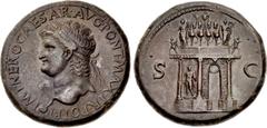 Roman Imperial Nero. AD 54-68. Æ Sestertius (35mm, 27.68 g, 8h). Lugdunum (Lyon) mint. Struck circa AD 66. IMP • NERO • CAESAR • AVG • PONT • MAX • TR • POT • P • P, laureate head left, globe at point