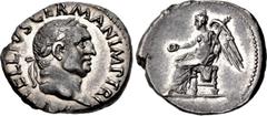 Roman Imperial Vitellius. AD 69. AR Denarius (19mm, 3.04 g, 6h). Rome mint. Struck circa late April–20 December AD 69. [A] VITELLIVS GERMAN IMP TR P, laureate head right / Victory seated left on stool