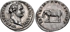 Roman Imperial Titus. AD 79-81. AR Denarius (18mm, 3.47 g, 6h). Rome mint. Struck January-June AD 80. IMP TITVS CAES VESPASIAN AVG P M, laureate head right / TR P IX IMP XV COS VIII P P, elephant, wea