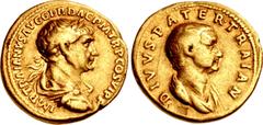 Roman Imperial Trajan, with Trajan Pater. AD 98-117. AV Aureus (19mm, 7.15 g, 7h). Rome mint. Struck AD 112-113. IMP TRAIANVS AVG GER DΛC P M TR P COS VI P P, laureate, draped, and cuirassed bust of T