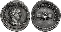 Roman Imperial Balbinus. AD 238. AR Antoninianus (21.5mm, 4.44 g, 1h). Rome mint. 2nd emission. IMP CAES D CAEL BALBINVS AVG, radiate, draped, and cuirassed bust right / PIETAS MVTVA AVGG, clasped rig