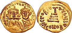 Early Medieval & Islamic ISLAMIC, Umayyad Caliphate. temp. Mu'awiya I ibn Abi Sufyan. AH 41-60 / AD 661-680. AV Solidus (22mm, 4.33 g, 6h). Pseudo-Byzantine type. dd NN hЄARCIISThRЄ NbbC, crowned and 