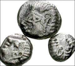 GREEK. Asia Minor. Lot of three AR fractions for Kolophon in Ionia. All coins: Head of Apollo left / Quadripartite or rough incuse square. Includes three different types: Obol. Quadripartite. SNG Kayh