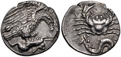 Greek SICILY, Akragas. Circa 420-410 BC. AR Hemidrachm (14mm, 1.75 g, 11h). Eagle standing right on, and tearing at, hare; barley grain to left / Crab; below, ketos left with fish in its mouth. Wester