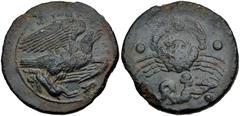 Greek SICILY, Akragas. Circa 416-406 BC. Æ Hemilitron (28.6mm, 19.35 g, 1h). Eagle standing right, head raised, wings spread, on hare; cicada to right / Crab; below, triton right, blowing conch; six p