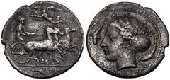 Greek SICILY, Syracuse. Dionysios I. 405-367 BC. AR Hemidrachm (16mm, 2.04 g, 12h). Obverse die signed by the artist E– (Euarchidas or Euainetos?). Struck circa 405-400 BC. Charioteer driving fast qua
