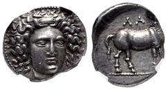 Greek THESSALY, Larissa. Circa 400-370 BC. AR Drachm (19mm, 5.99 g, 10h). Head of the nymph Larissa facing slightly right, wearing ampyx / ΛΑΡ[Ι], horse grazing right. L-S Group 4, Head Type 19, dies 