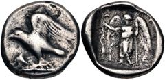 Greek ELIS, Olympia. 87th Olympiad. 432 BC. AR Stater (21.5mm, 11.63 g, 7h). Eagle standing left, wings spread; dead heron to left / Nike standing facing, head left, wearing long chiton, holding open 