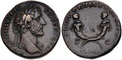 Roman Imperial Antoninus Pius. AD 138-161. Æ Sestertius (30mm, 24.23 g, 12h). Rome mint. Struck AD 149. Laureate bust right, slight drapery / Crossed cornucopias from which a grape bunch flanked by tw