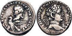 Roman Provincial SELEUCIS and PIERIA, Antioch. Vespasian, with Titus as Caesar. AD 69-79. AR Tetradrachm (24mm, 15.02 g, 12h). Dated "New Holy Year" 2 (AD 69/70). Small bust of Vespasian left, with sl