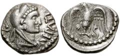 CELTIC, Britain. Trinovantes & Catuvellauni. Epaticcus. Circa AD 35-43. AR Unit (12mm, 1.20 g). Head of Hercules right, wearing lion skin headdress; pellet in hook behind / Eagle standing facing, head