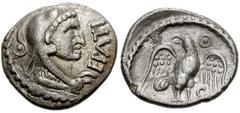 CELTIC, Britain. Trinovantes & Catuvellauni. Epaticcus. Circa AD 35-43. AR Unit (13mm, 1.18 g). Head of Hercules right, wearing lion skin headdress; pellet in hook behind / Eagle standing facing, head