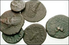 ORIENTAL GREEK. Parthia. Lot of six mixed Æ. Includes: Mithradates II. Chalkon. Sellwood 24.40 // Another. Dichalkon. Sellwood 28.11-12 var. (tiara) // Sinatrukes. Tetrachalkon. Sellwood 33.10 (Gotarz