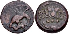 Greek SICILY, Akragas. Circa 415-406 BC. Æ Tetras – Trionkion (19.5mm, 6.55 g, 2h). Eagle, wings spread, standing right on, and tearing at, dead hare / Crab; below, three pellets (mark of value) above