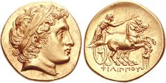 KINGS of MACEDON. Philip II. 359-336 BC. AV Stater (8.54 g, 12h). Kolophon mint. Struck under Philip III, circa 323-319 BC. Laureate head of Apollo right, with the features of Alexander III / FILIPPOU