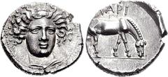 THESSALY, Larissa. Circa 400-380 BC. AR Drachm (6.06 g, 7h). Head of the nymph Larissa facing slightly right, hair in ampyx, wearing necklace / LARI, horse grazing right. Lorber, Early 72.2a (this coi