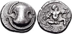 BOEOTIA, Thebes. Circa 425-395 BC. AR Stater (11.97 g). Boeotian shield / The infant Herakles seated facing, head right, strangling two serpents; bow to left, Q E below; all within incuse circle. BCD 