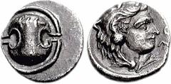 BOEOTIA, Thebes. Circa 395-338 BC. AR Obol (0.84 g, 11h). Theot(i)-, magistrate. Struck circa 363-348 BC. Boeotian shield, club left across upper half / Youthful head of Herakles right, wearing lion's