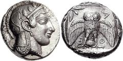 ATTICA, Athens. Circa 467-465 BC. AR Dekadrachm (43.38 g, 3h). Head of Athena right, wearing single-pendant earring, necklace, and crested Attic helmet decorated with three olive leaves over visor and