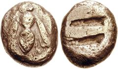 IONIA, Ephesos. Circa 575-550 BC. EL Hemistater (6.35 g). Bee / Two parallel narrow rectangular incuse punches. Unpublished. Near VF, scattered light marks. Unique. The early coinage of Ephesos was mo
