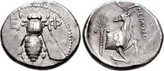 IONIA, Ephesos. Circa 390-325 BC. AR Tetradrachm (15.23 g, 12h). Neilosthenes, magistrate. Struck circa 360-350 BC. Bee with straight wings; E-F flanking / Forepart of stag right; palm tree to left, N