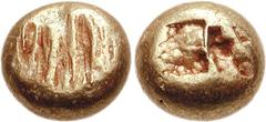 IONIA, Uncertain. Circa 650-600 BC. EL Hekte – 1/6 Stater (2.40 g). Milesian standard. Striated type. Flattened striated surface / Double incuse square punch. Weidauer 6; Traité I 12; SNG Kayhan 680 (