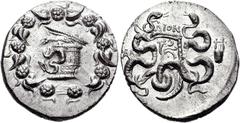 LYDIA, Tralleis. Circa 166-67 BC. AR Tetradrachm (12.62 g, 12h). Cistophoric series. Dion-, magistrate. Cista mystica with serpent; all within ivy wreath / [TR]AL, two serpents entwined around bow and