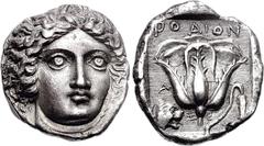 ISLANDS off CARIA, Rhodos. Rhodes. Circa 404-385 BC. AR Tetradrachm (15.14 g, 12h). Chian standard. Reverse die signed by Xe(no)-. Head of Helios facing slightly right / RODION, rose with bud to right