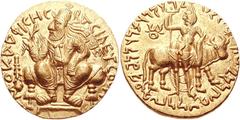 INDIA, Kushan Empire. Vima Kadphises. Circa AD 100-127/8. AV 2 Dinars (15.93 g, 12h). Mint A. 3rd emission. BACILEYC OOH-MO KADFICHC, diademed and crowned figure of Vima Kadphises seated facing on cus