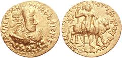 INDIA, Kushan Empire. Vima Kadphises. Circa AD 100-127/8. AV 2 Dinars (15.96 g, 12h). Mint A. 3rd emission. BACILEYC OOH-MO KADFICHC, diademed and crowned half-length bust of Vima Kadphises right on c