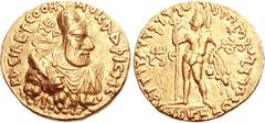 INDIA, Kushan Empire. Vima Kadphises. Circa AD 100-127/8. AV Dinar (7.89 g, 12h). Mint A. 5th emission. BACILEYC OOH-MO KADFICHC, diademed and crowned half-length bust of Vima Kadphises right on cloud