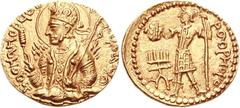 INDIA, Kushan Empire. Huvishka. Circa AD 152-192. AV Dinar (7.97 g, 12h). Mint A. 3rd emission. PAOhAhOPAO O[OhKI] KOPAhO (hs retrograde), nimbate, diademed, and crowned half-length bust of Huvishka f