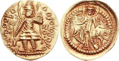 INDIA, Kushan Empire. Vasudeva II. Circa AD 290-310. AV Dinar (8.19 g, 12h). Mint C. 4th phase, 3rd emission. POOhOPOO BO–•OOPO VOBOhO (final P retrograde; final h inverted and retrograde), Vasudeva, 