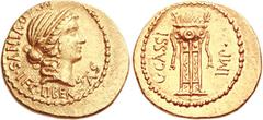 C. Cassius Longinus. 42 BC. AV Aureus (7.86 g, 12h). Military mint (Smyrna?). M. Aquinus, legate. M. AQVINVAS. LEG, diademed head of Libertas right; LIBERTAS below / C. CASSI IMP., tripod surmounted b