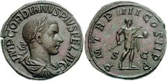 Gordian III. AD 238-244. Æ Sestertius (21.44 g, 1h). Rome mint. Special emission, early AD 241. IMP GORDIANVS PIVS FEL AVG, laureate, draped, and cuirassed bust right / P M TR P IIII COS II P P, S C a