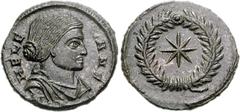 Helena. Augusta, AD 324-328/30. Æ Follis (3.61 g, 7h). Thessalonica mint. Struck circa AD 318-319. HELE-NA N F, draped bust right / Star of eight rays within laurel wreath. RIC VII 48 var. (with mint 