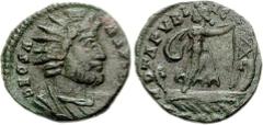Festival of Isis. Mid 4th century AD. Æ 13mm (1.23 g, 6h). DEO SA-RAPIDI, radiate and draped bust of Sol-Serapis right, wearing modius / VOTA PVBL-ICA, Isis standing right, head left, on galley, holdi